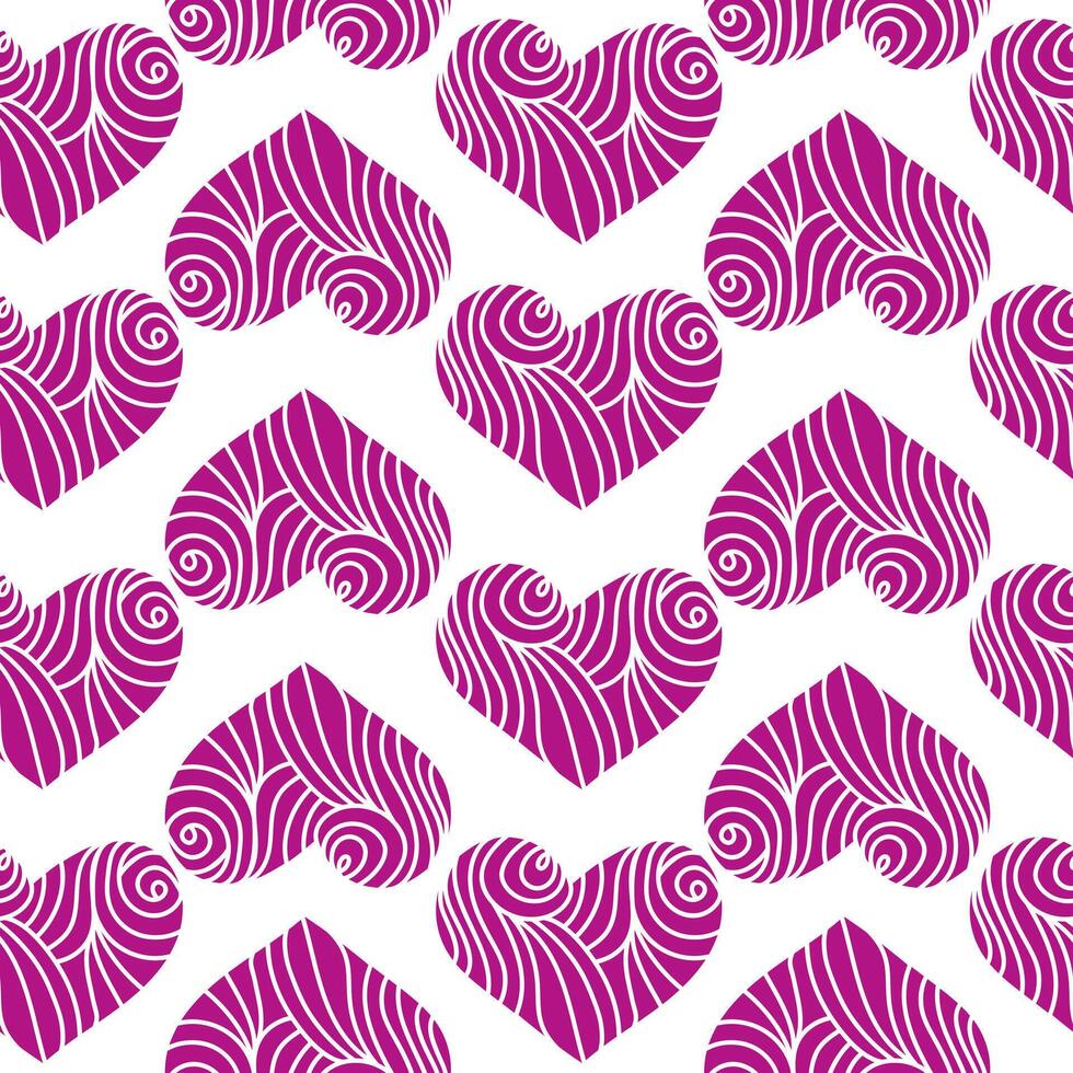 Seamless pattern of purple hearts arranged in rows, ornate heart with curls on a white background vector