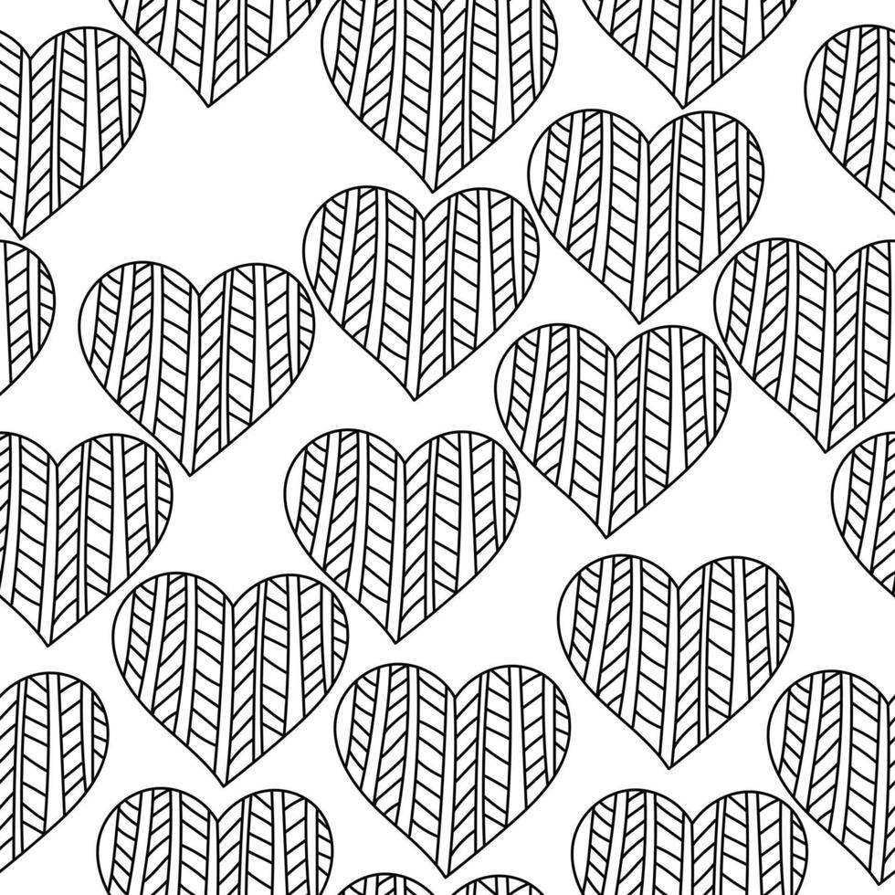 Seamless pattern of contour hearts with linear zen patterns, heart decor for design vector