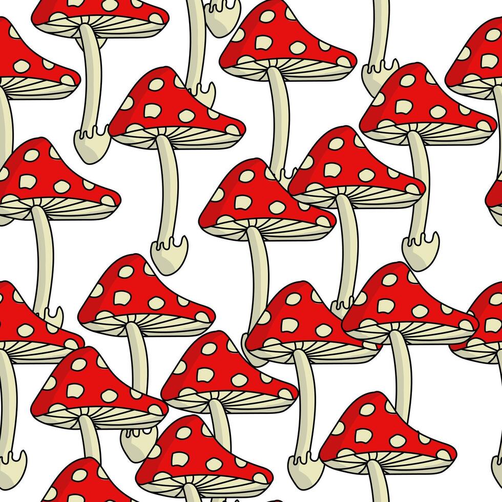 Seamless pattern of mushrooms on a thin leg with a bright red cap, amanita on a white background for design vector