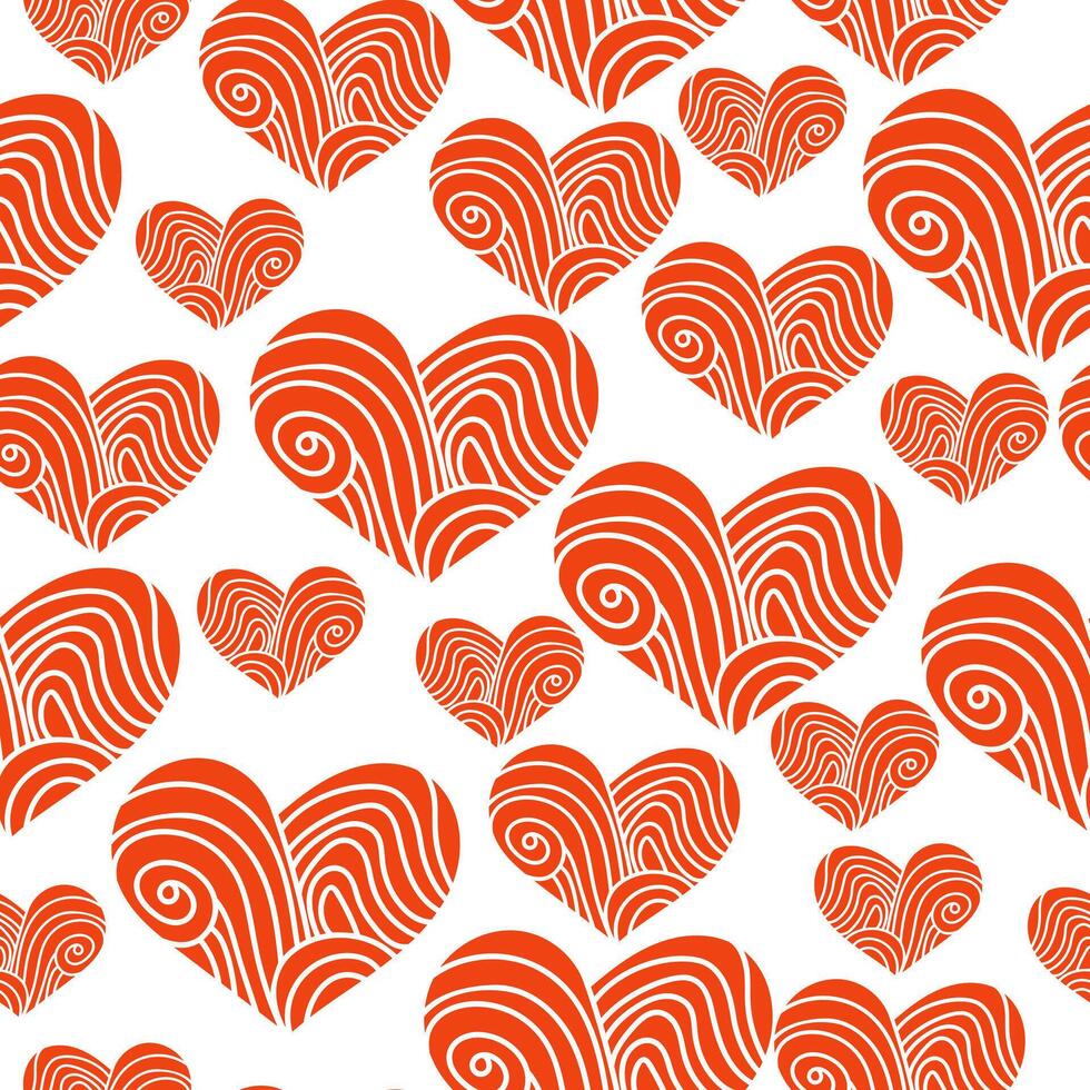 Seamless pattern with patterned hearts of different sizes, large and small hearts on a white background for Valentine's Day vector