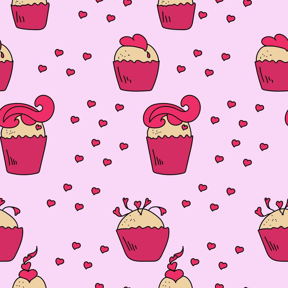 Seamless pattern of doodle cupcakes of rich pink color with hearts and decor on a gentle background, pink sweets about love or celebration vector
