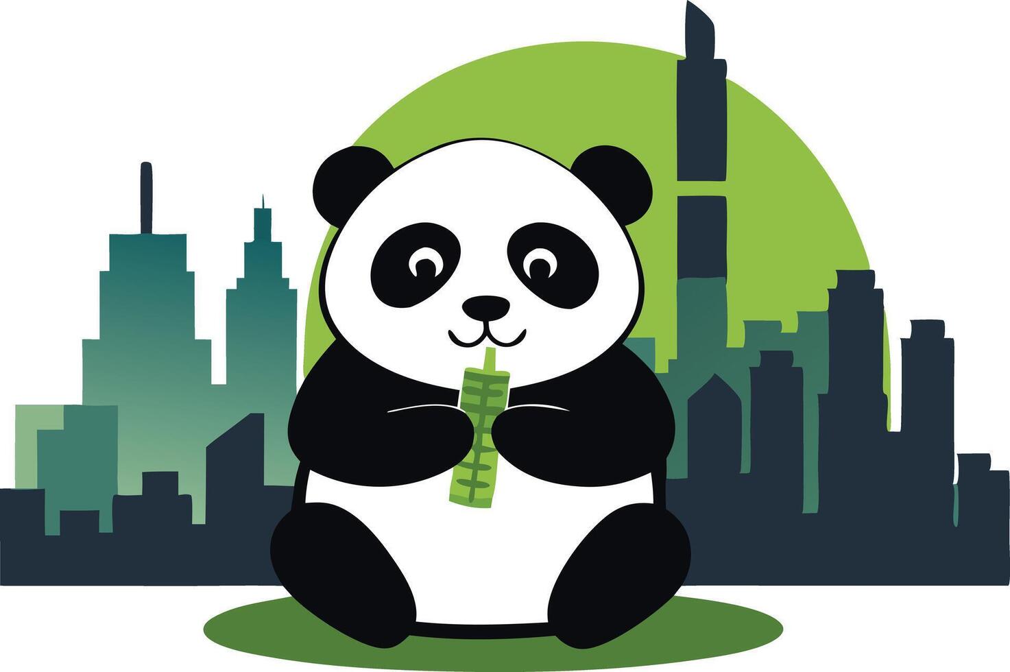 Cartoon panda sitting and eating bamboo with a city skyline background vector