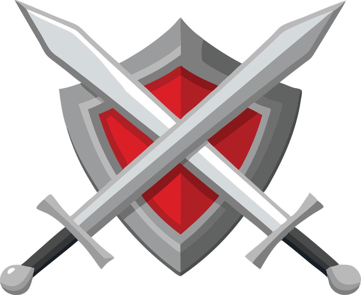 Shield with crossed swords, symbolizing protection and strength in a medieval cartoon style vector