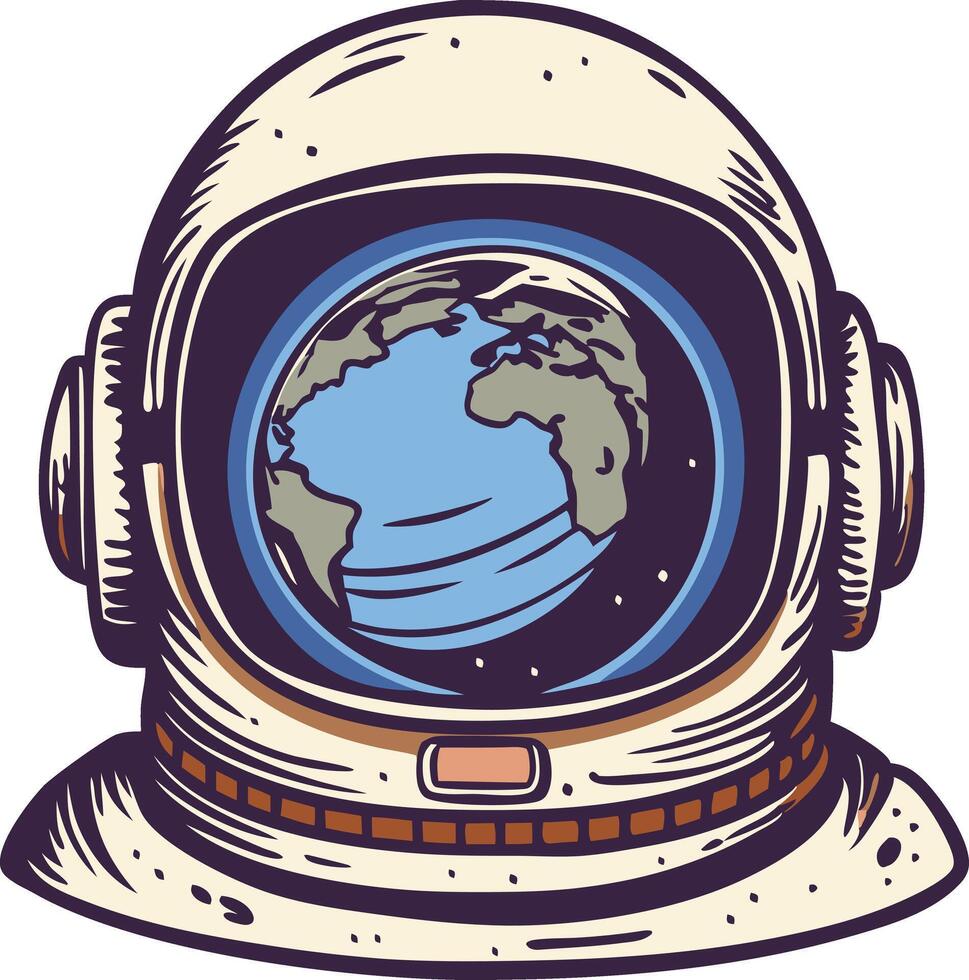 Astronaut helmet with the Earth reflecting on the visor, illustrated in a detailed cartoon style vector