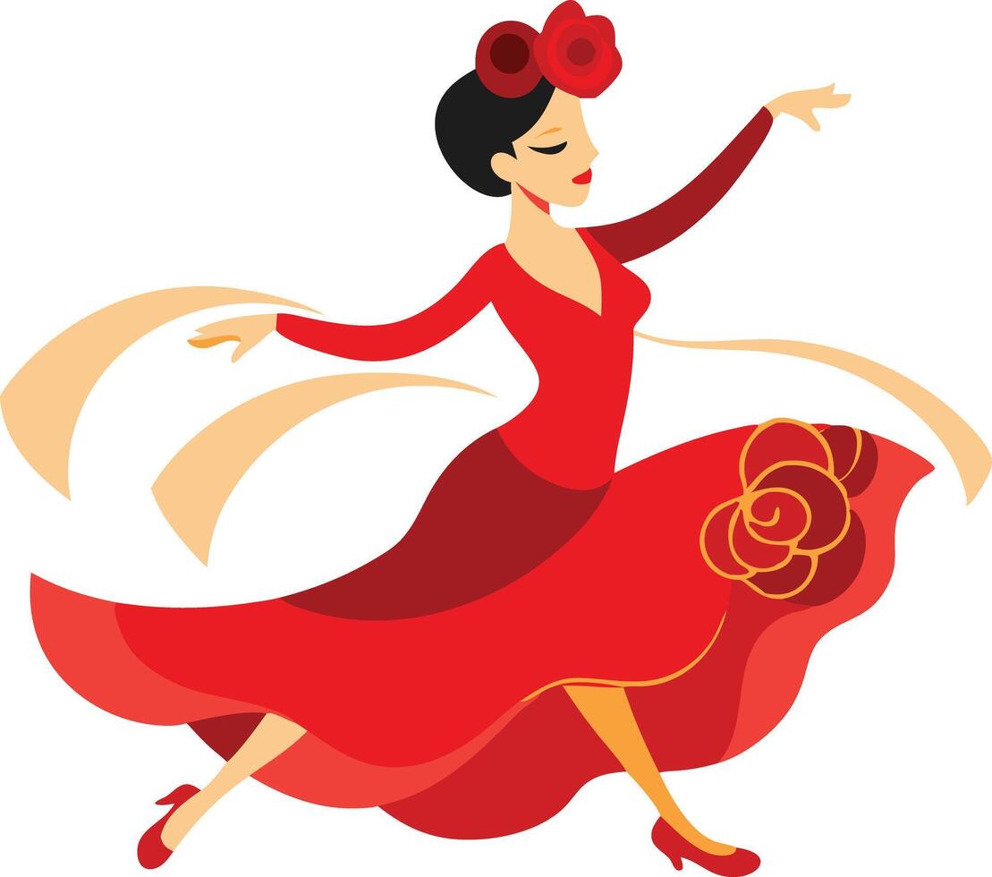 Flamenco dancer in a red dress spinning gracefully, illustrated in a vibrant cartoon style vector
