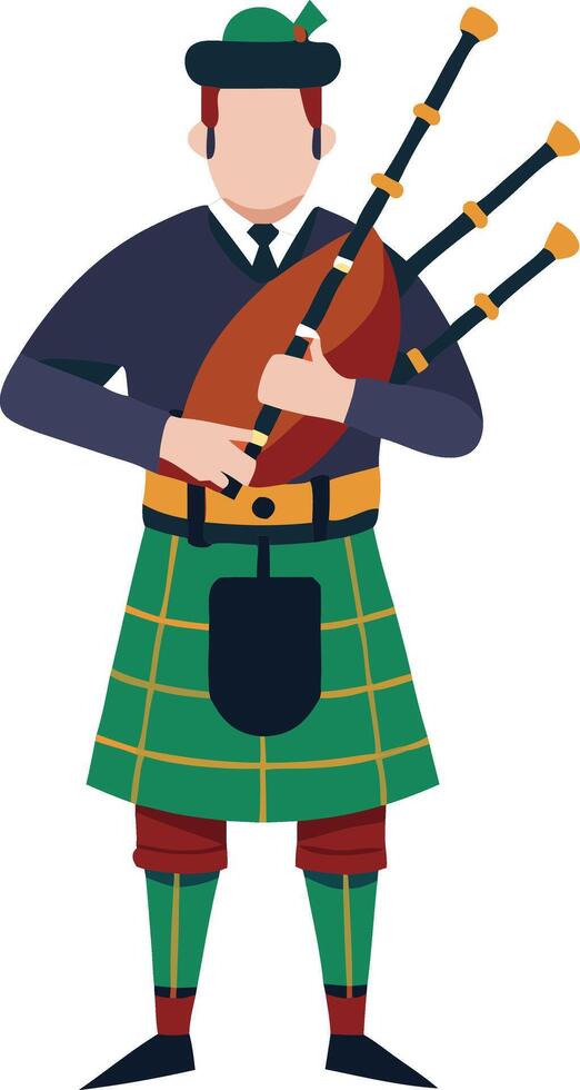 Scottish bagpiper in traditional kilt playing bagpipes, illustrated in a classic cartoon style vector
