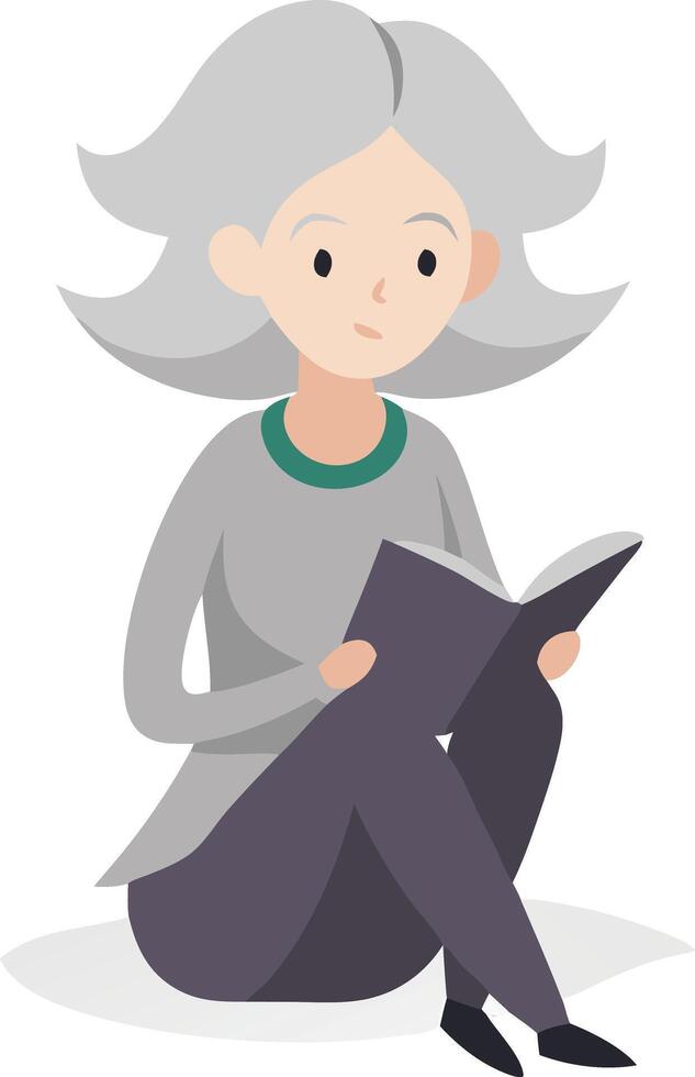 Elderly woman with gray hair reading a book, illustrated in a peaceful cartoon style vector