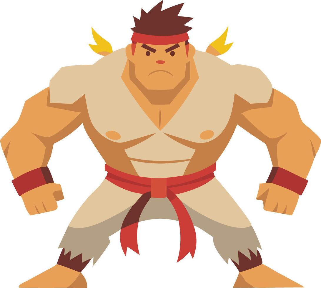 Cartoon character of large and powerful muscular fighter with aggressive facial expression vector