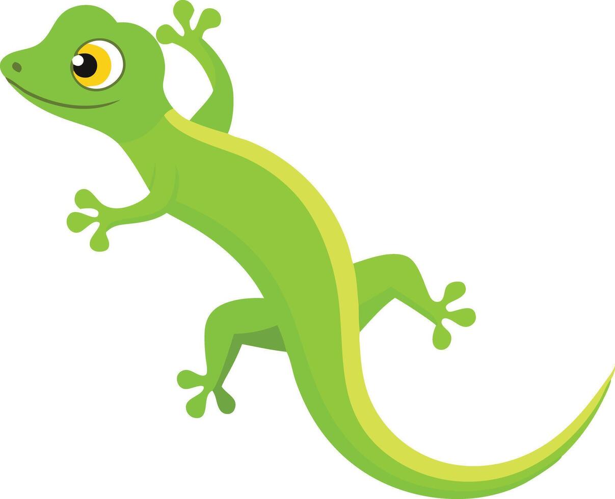 Green gecko lizard climbing, illustrated in a cute cartoon style vector