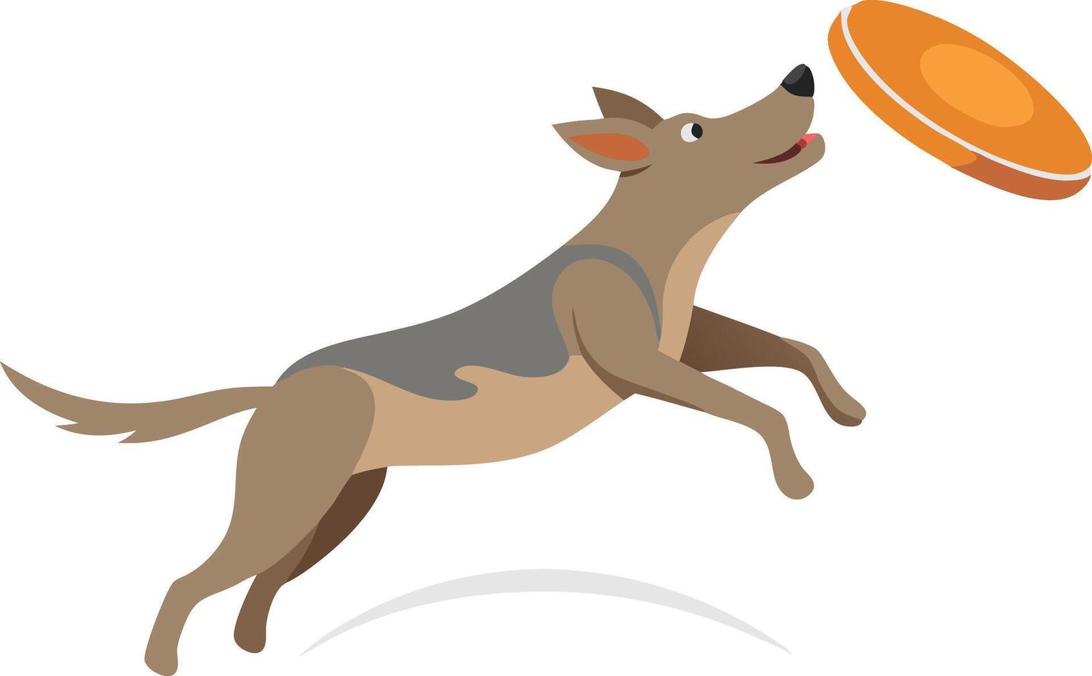 Brown dog chasing a frisbee midair, cartoon illustration of a playful and energetic pet vector