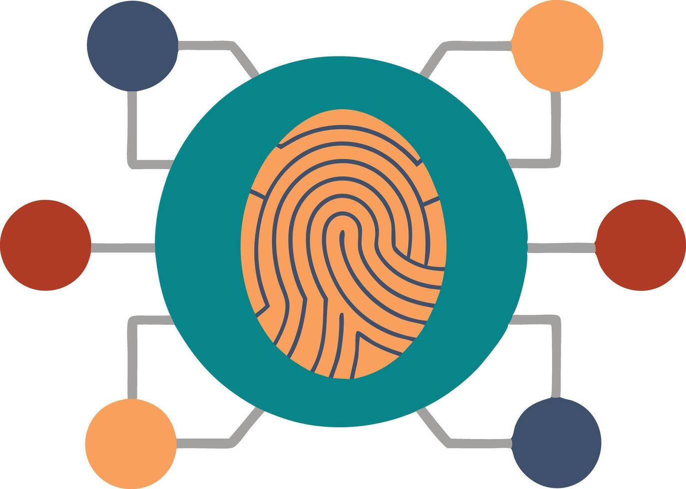 Digital fingerprint with surrounding technology nodes, symbol of security and identity vector