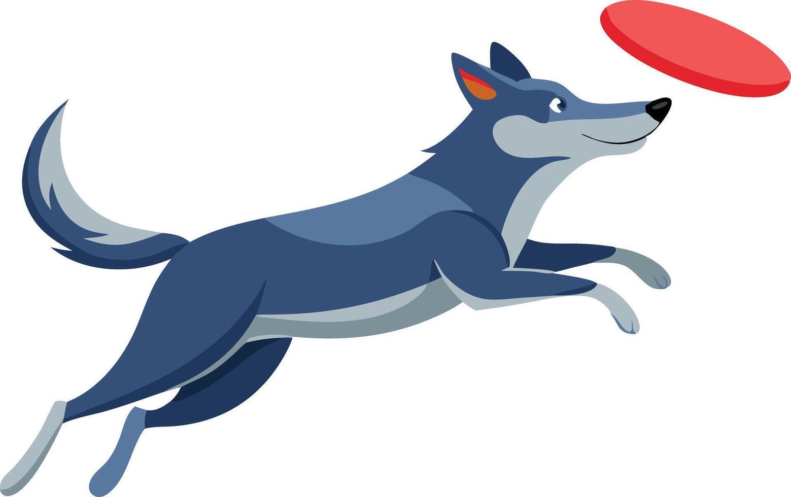Blue dog jumping to catch a frisbee, dynamic and playful cartoon illustration vector