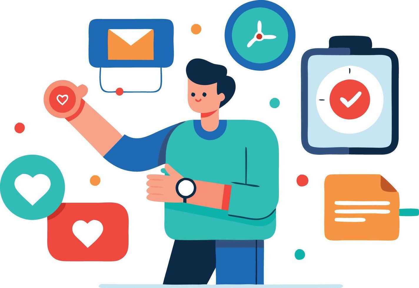 A illustration of a man managing time, tasks, and notifications on multiple devices, symbolizing productivity and organization. vector