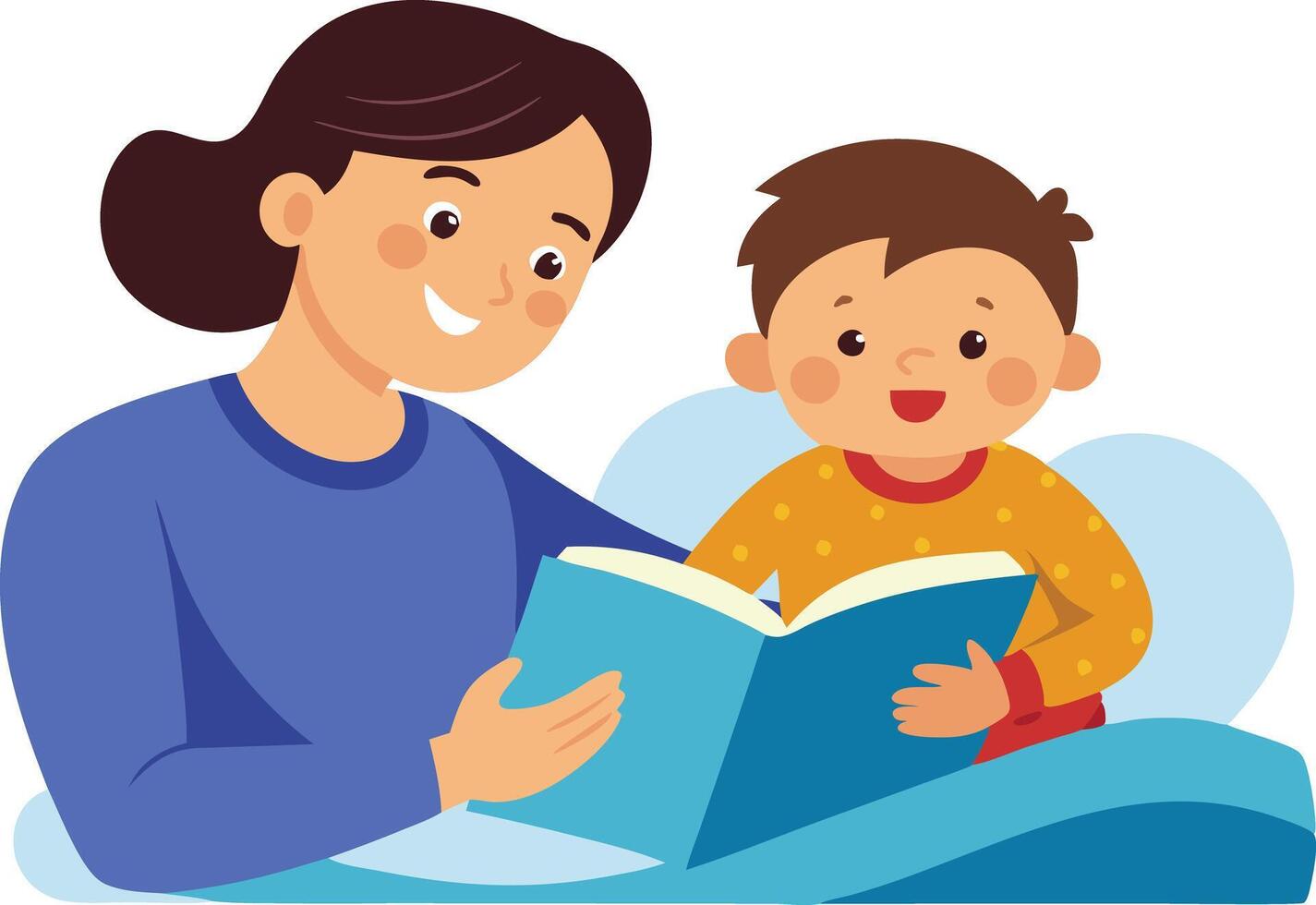 A illustration of a mother reading a bedtime story to her child, symbolizing family bonding, love, and nurturing. vector