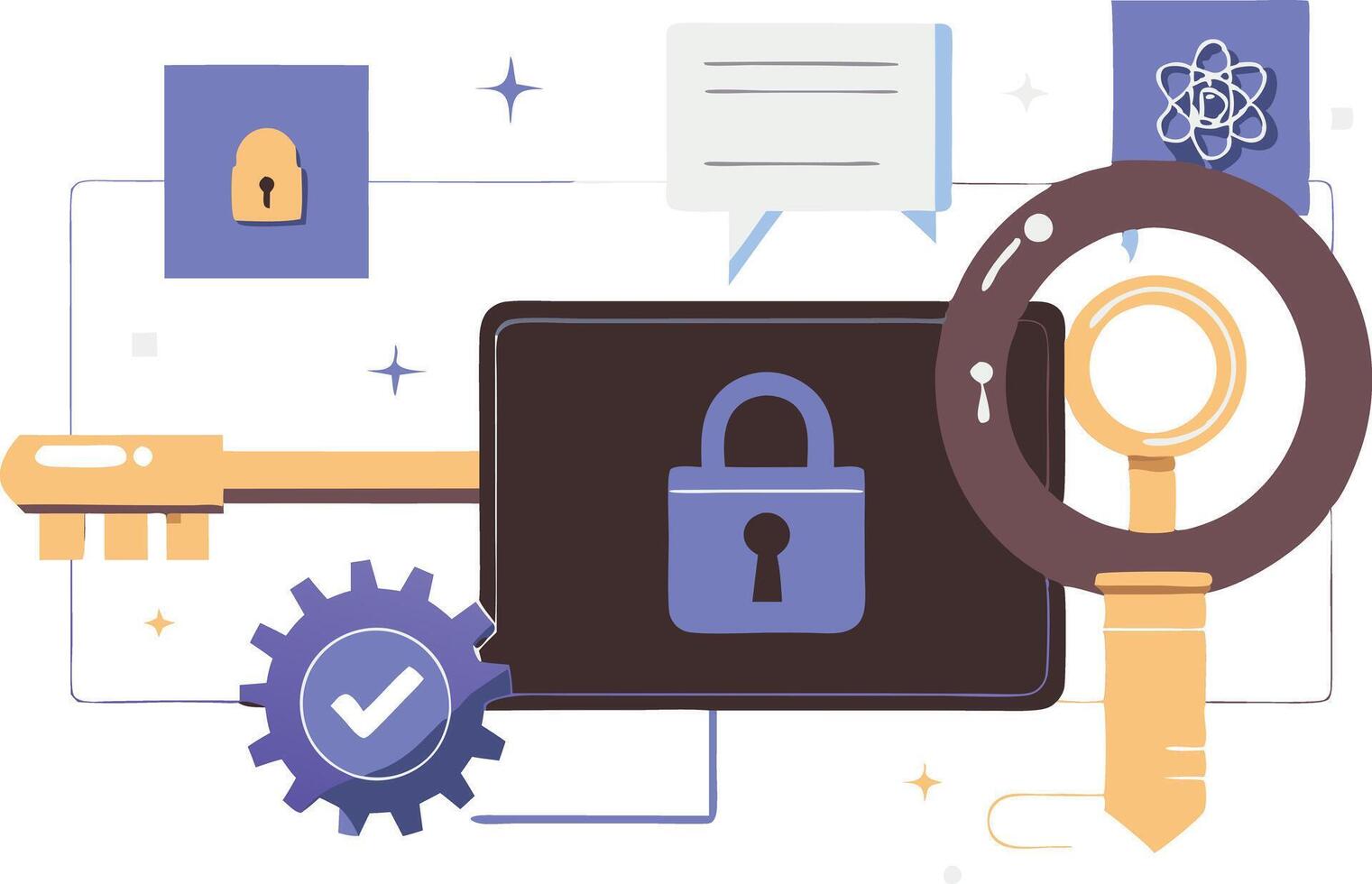 A modern illustration of a cybersecurity concept, showing a lock and key, symbols of security, protection, and data safety. vector