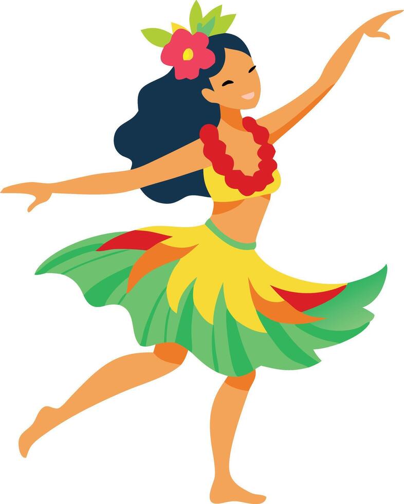 A vibrant illustration of a woman in a colorful hula outfit dancing, representing traditional dance, culture, and celebration. vector