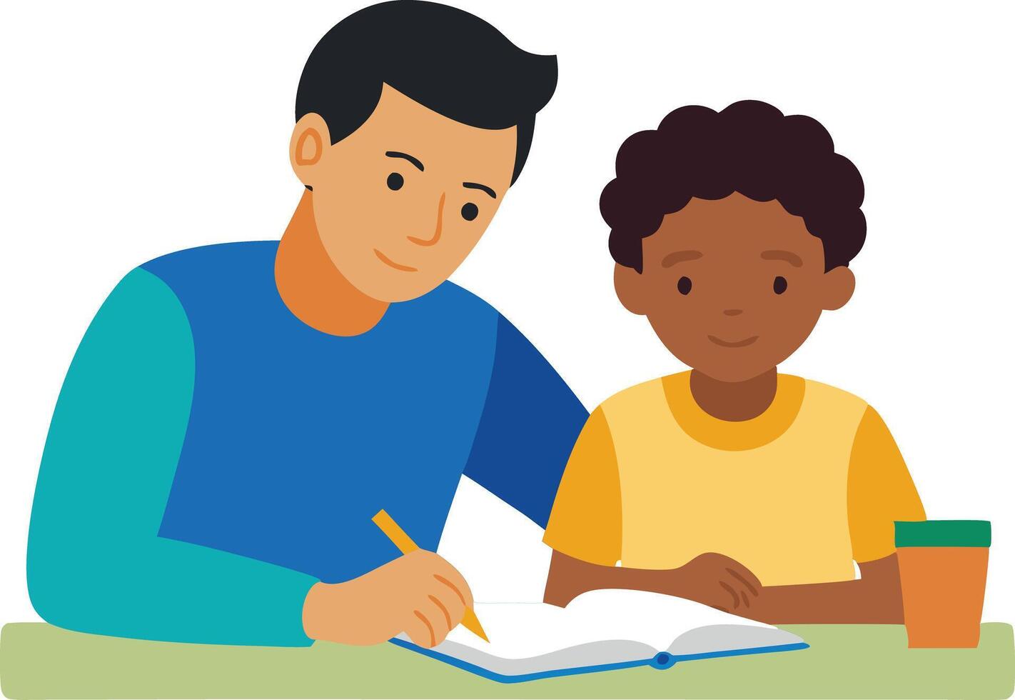 A illustration of a father helping his son with homework, symbolizing education, family support, and parentchild learning. vector