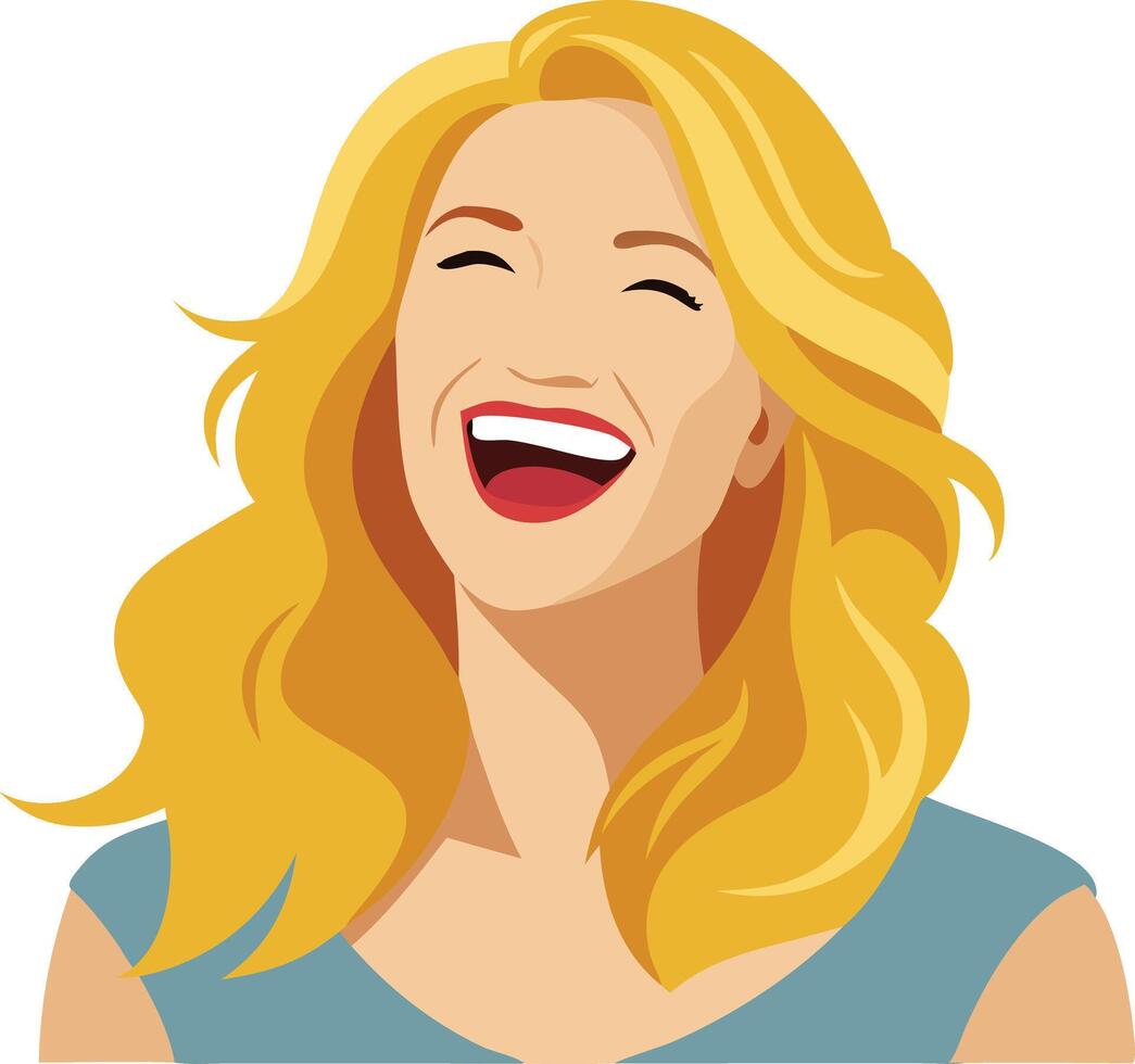 Cheerful blonde woman laughing with joy, depicted in a playful cartoon illustration vector