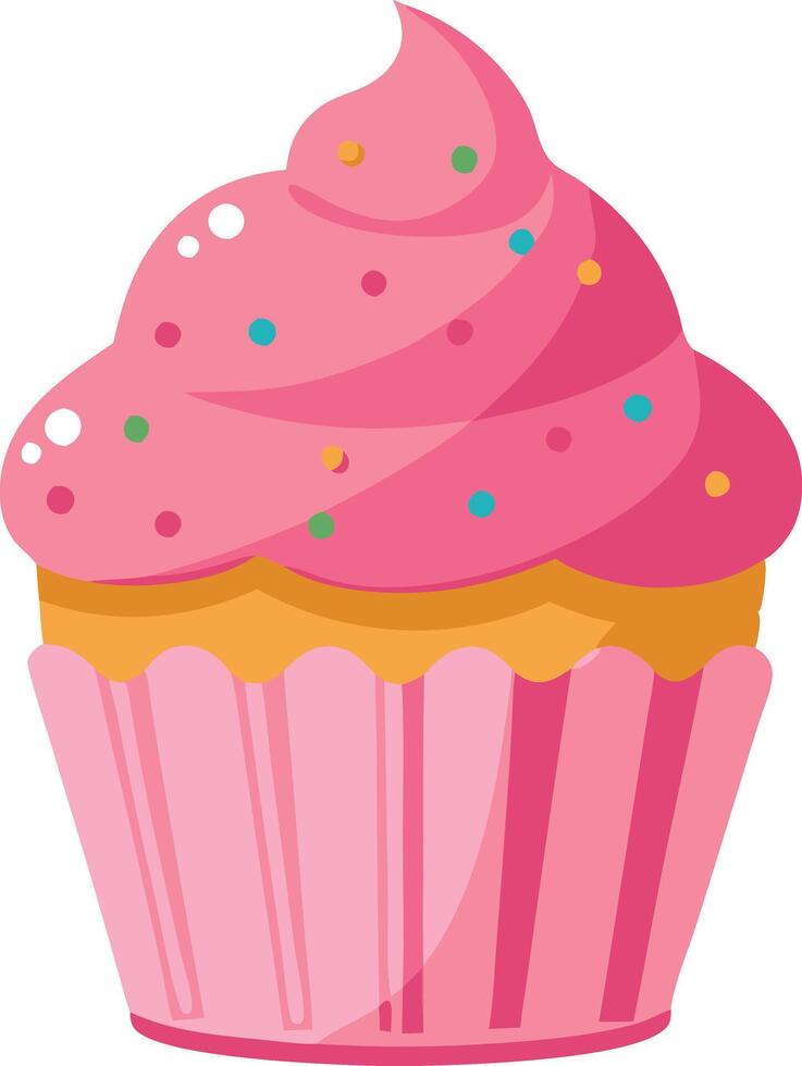 Cute pink cupcake with frosting and sprinkles, illustrated in a fun and whimsical style vector