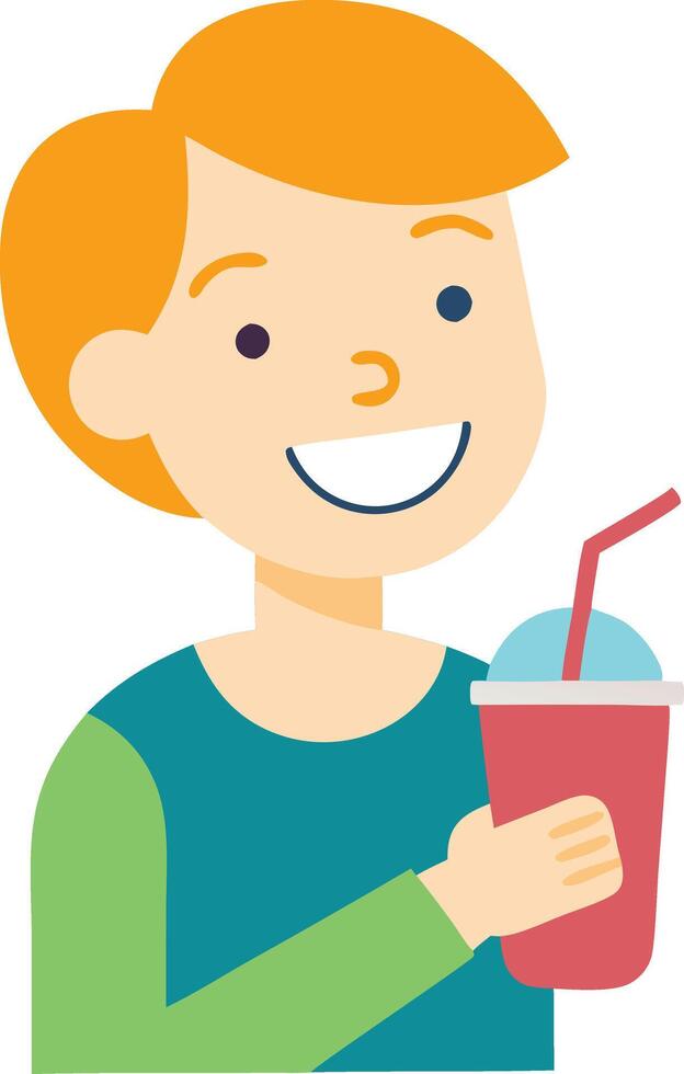 A cheerful illustration of a boy holding a drink, symbolizing happiness, refreshment, and fun in childhood. vector