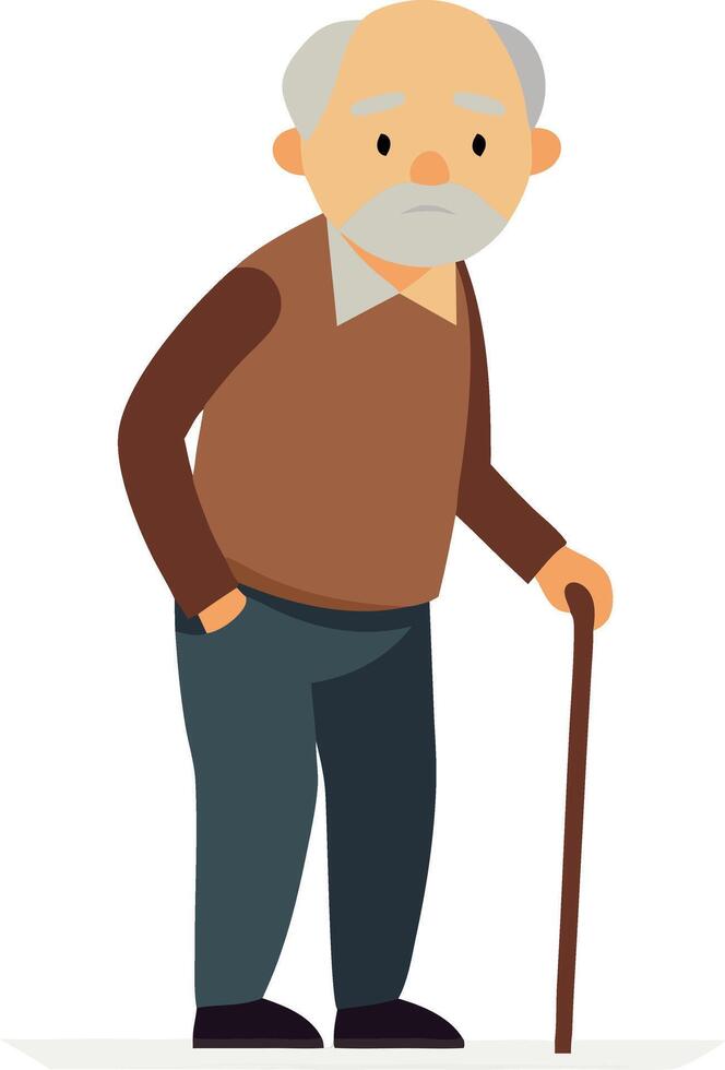 Elderly man leaning on a cane, depicted in a simple and thoughtful cartoon illustration vector