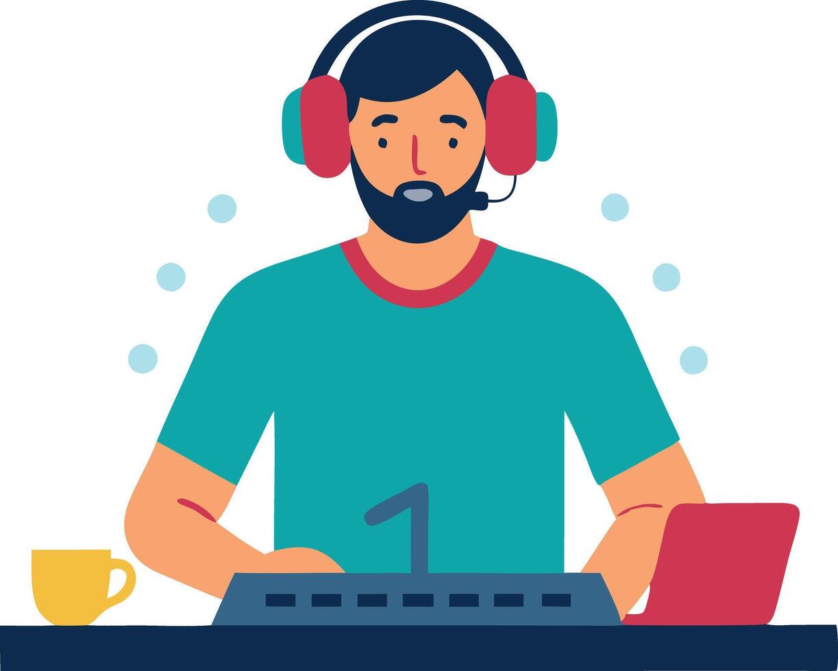 A illustration of a DJ wearing headphones while mixing music on a laptop, symbolizing entertainment, music, and creativity. vector