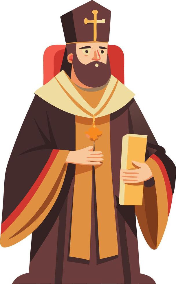 A illustration of a bishop in traditional attire holding a book, representing authority, religion, and spiritual leadership. vector