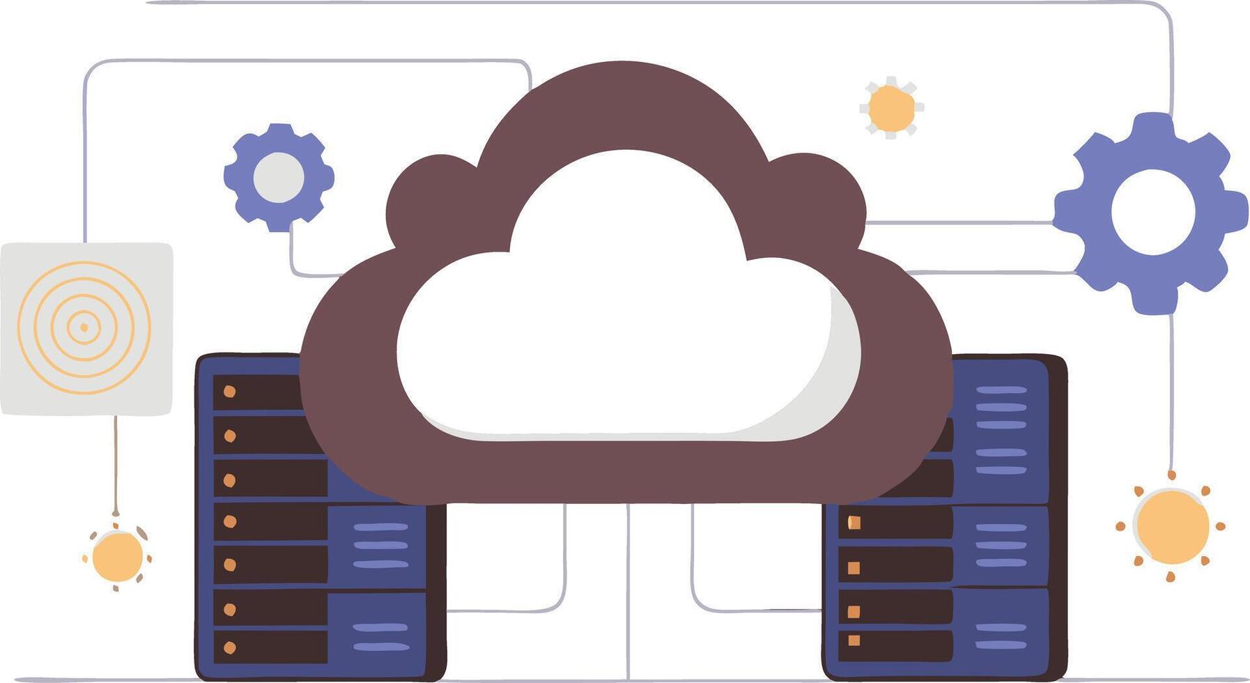 A detailed illustration of a cloud computing network, showing servers and cloud storage connections in a digital network. vector