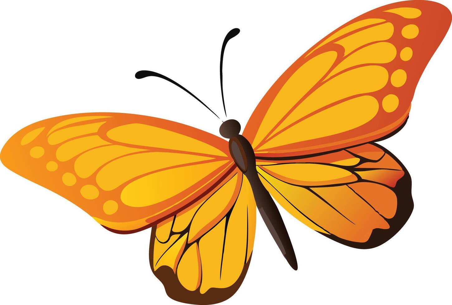 Bright orange butterfly flying, illustrated in a whimsical and colorful cartoon style vector