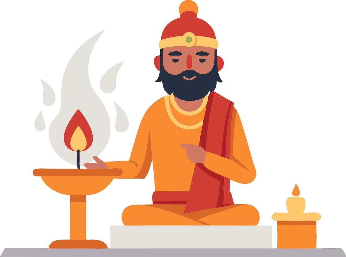 A colorful illustration of a person performing a traditional Hindu ritual with a fire, symbolizing spirituality, culture, and devotion. vector