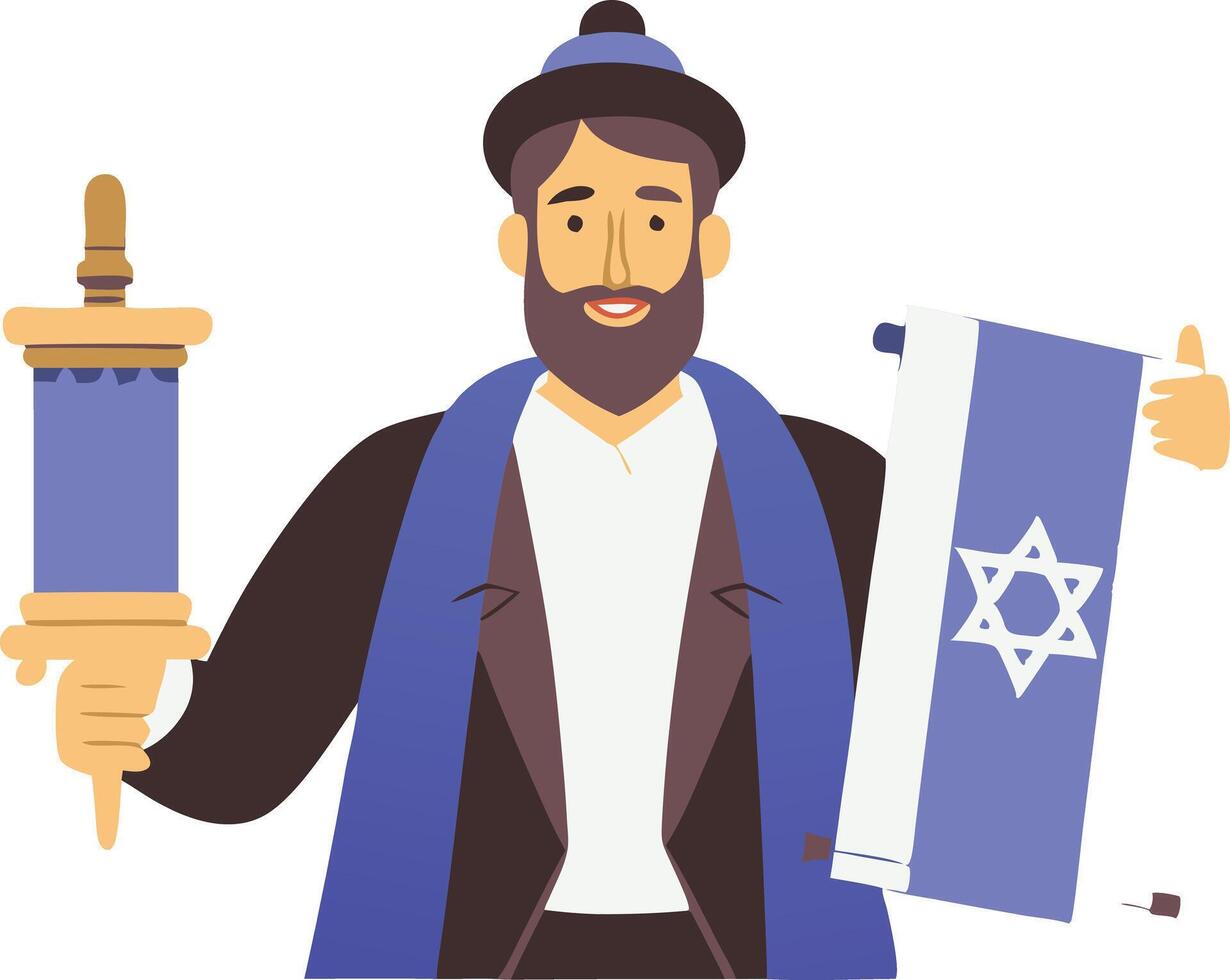 A illustration of a Jewish man holding a Torah scroll, symbolizing faith, religion, and cultural tradition. vector
