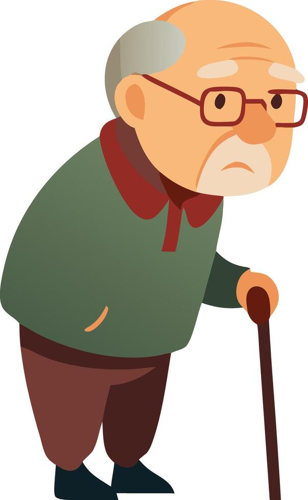 Elderly man walking with a cane, portrayed in a thoughtful and gentle cartoon style vector