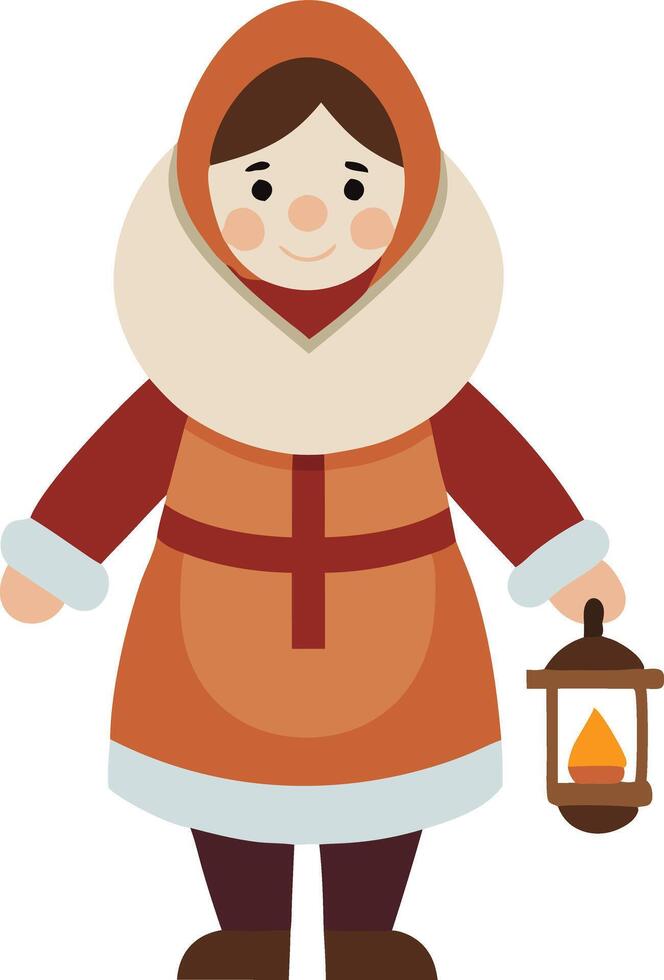 A illustration of a person holding a lantern, dressed in traditional arctic clothing, symbolizing exploration, survival, and cold climates. vector