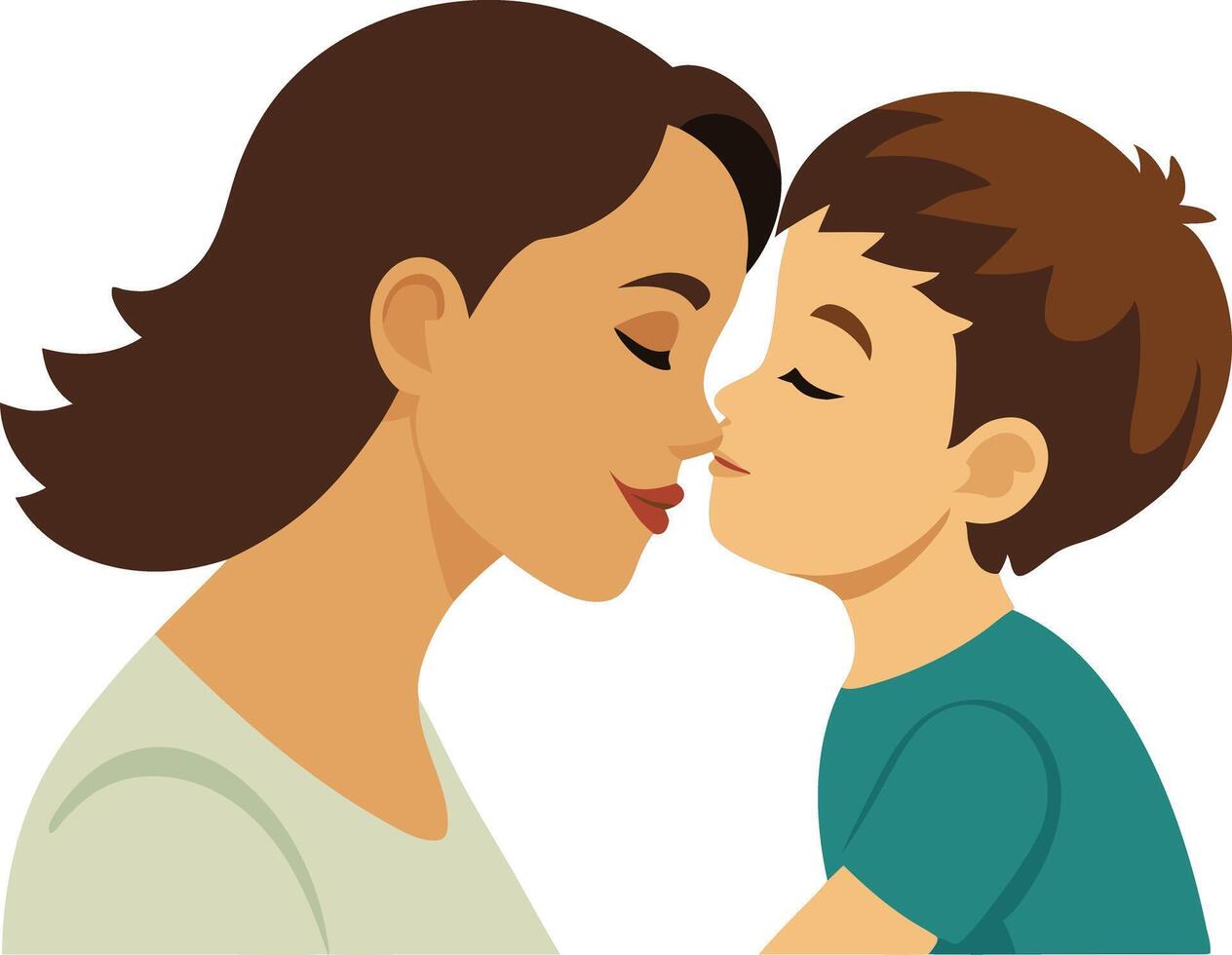 A sweet illustration of a mother and son sharing a kiss on the cheek, symbolizing love, care, and family connection. vector