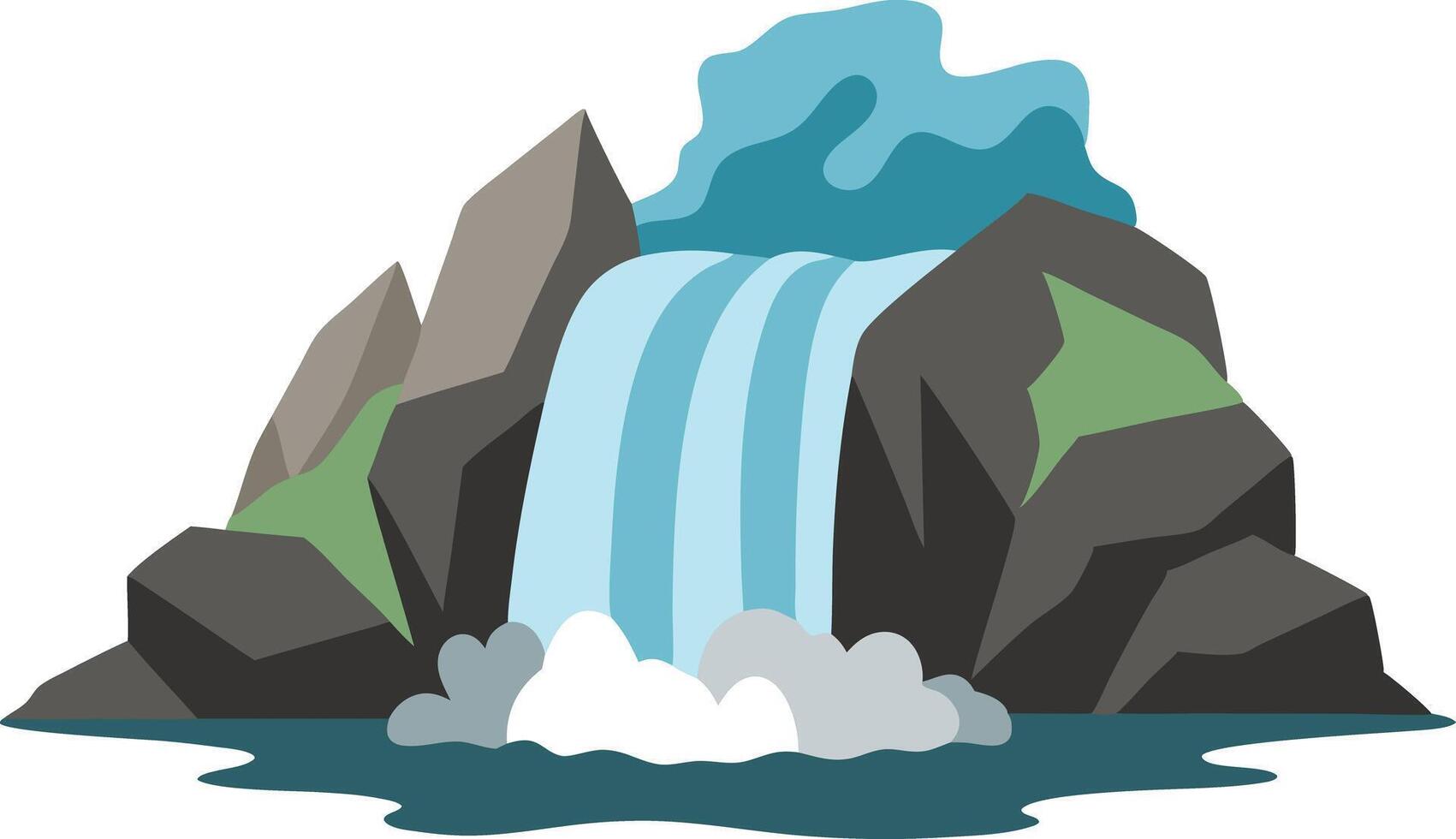 Flowing waterfall with rocks in a serene nature setting, illustrated in a cartoon style vector