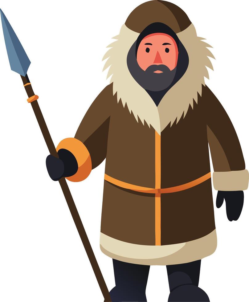 A illustration of a hunter dressed in traditional arctic attire holding a spear, symbolizing survival, culture, and exploration. vector
