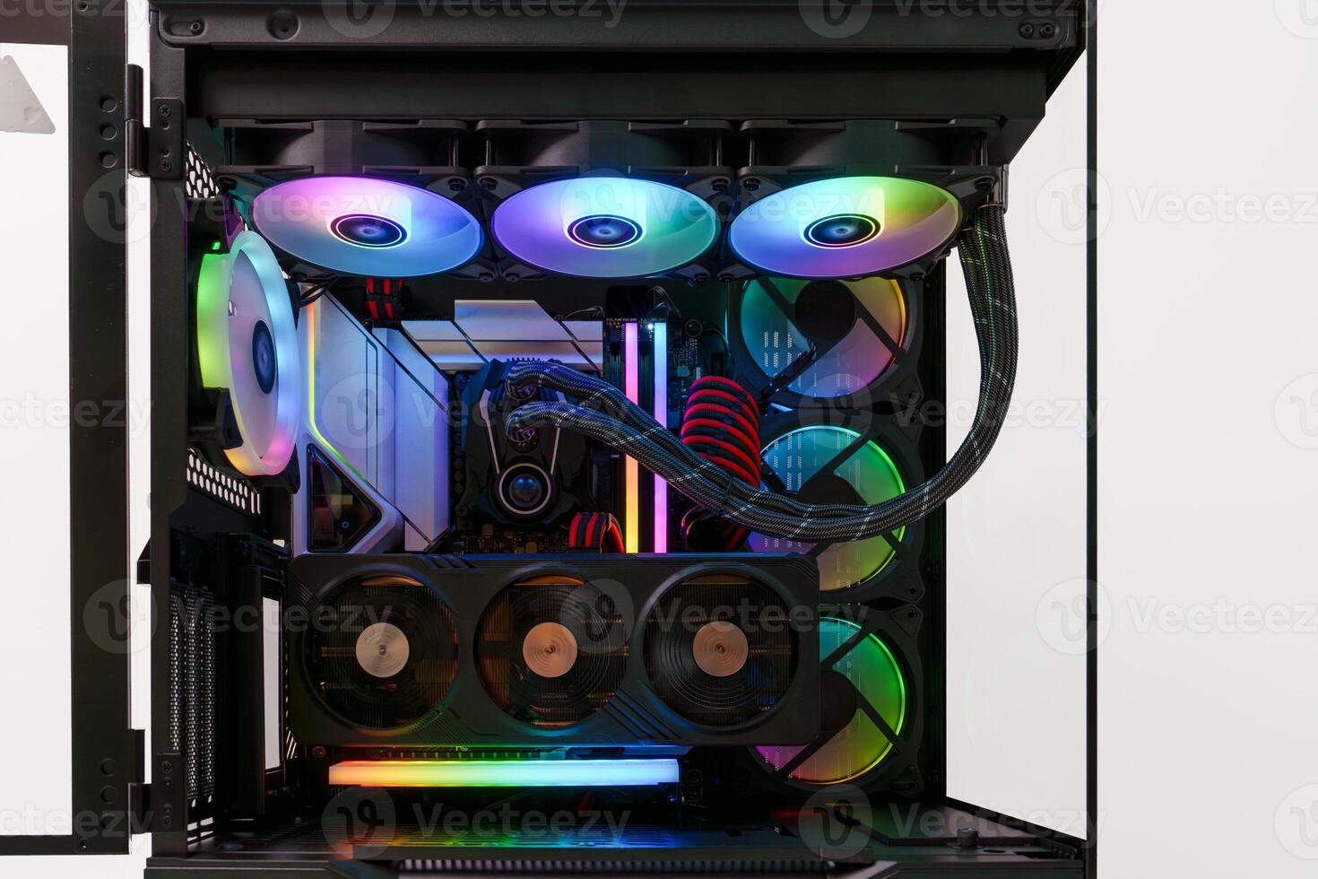 A premium gaming PC build focused on aesthetics and performance, featuring a custom water-cooling loop, Intel Core i9 processor, and NVIDIA GeForce RTX 3090 graphics card in a Lian Li O11 Dynamic case. photo