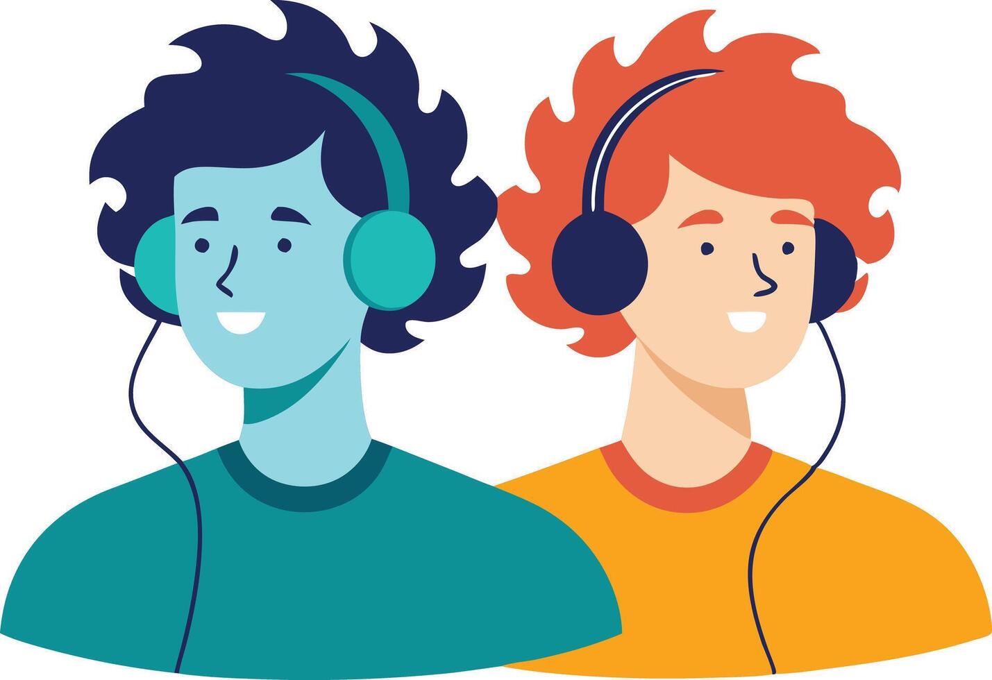 A illustration of two boys with headphones, symbolizing friendship, music, and shared fun experiences. vector