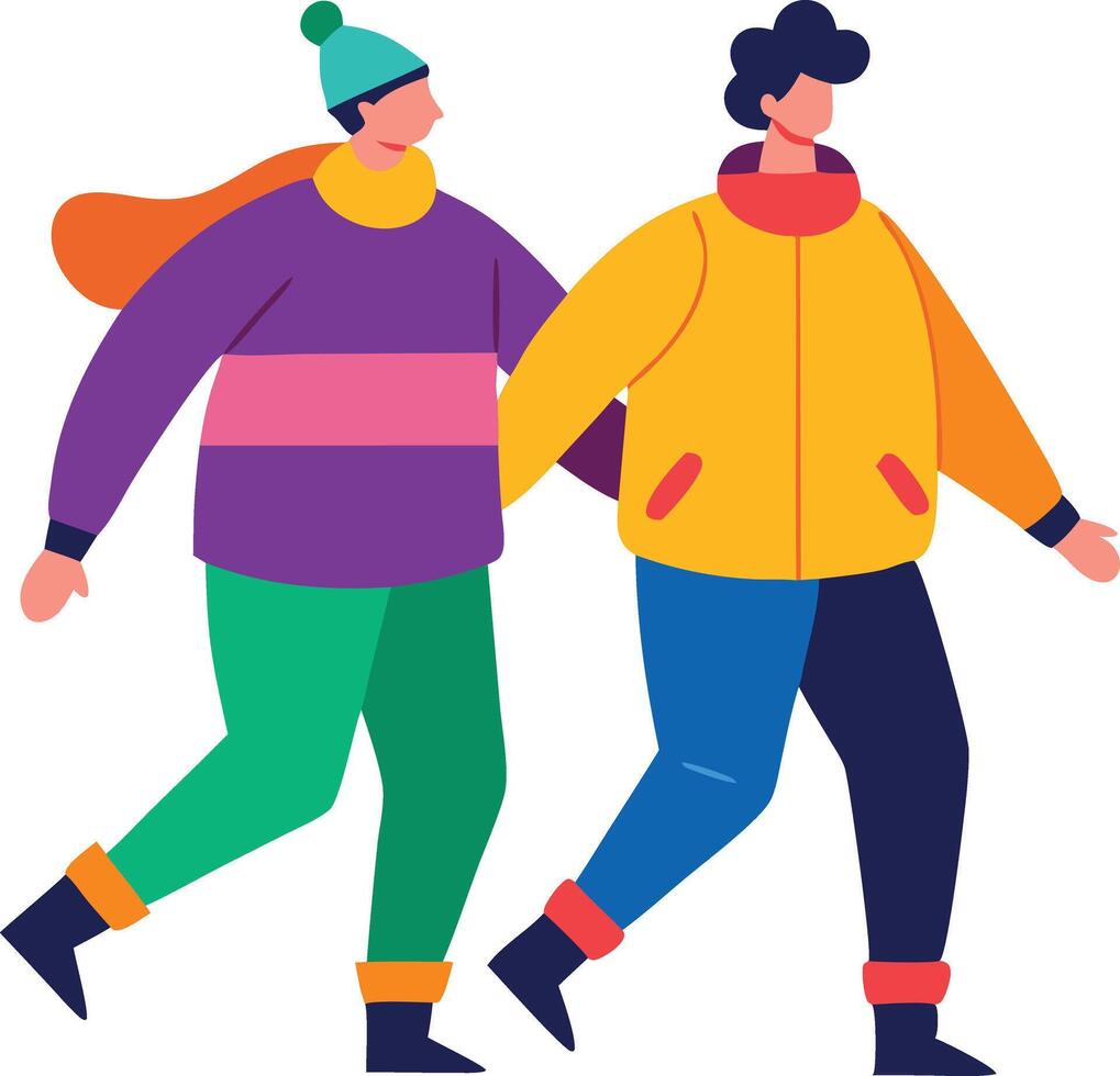A illustration of two friends walking side by side, enjoying each other's company, symbolizing friendship and connection. vector