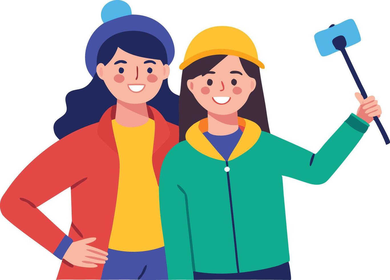 A illustration of two friends taking a selfie with a camera, symbolizing fun, friendship, and social interaction. vector