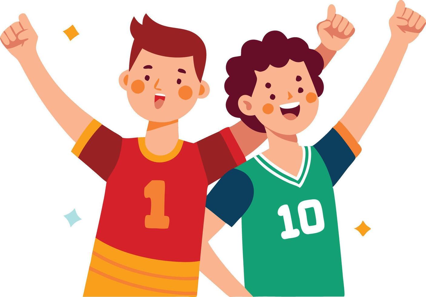 A illustration of two boys in sports jerseys celebrating, symbolizing teamwork, achievement, and sports. vector