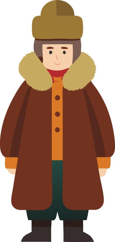 A illustration of a boy in a winter coat and hat, symbolizing cold weather fashion and warmth. vector