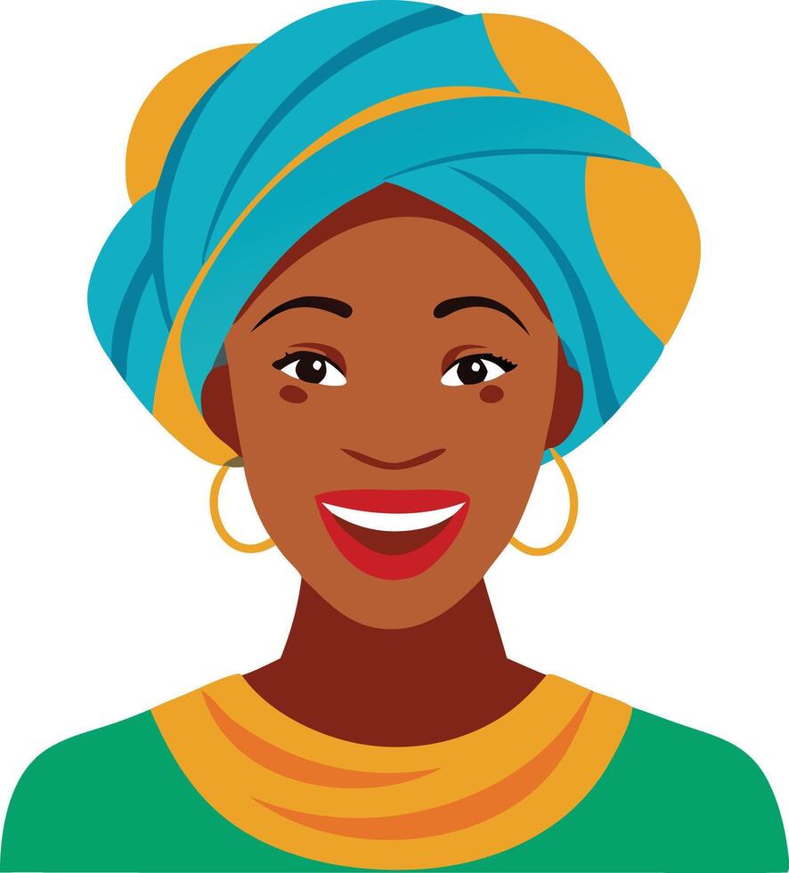 A colorful illustration of a smiling woman in a traditional African headwrap, symbolizing culture, tradition, and heritage. vector