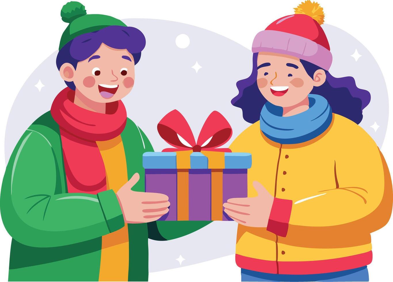 A illustration of two friends exchanging a gift in a winter setting, symbolizing friendship, giving, and holiday spirit. vector