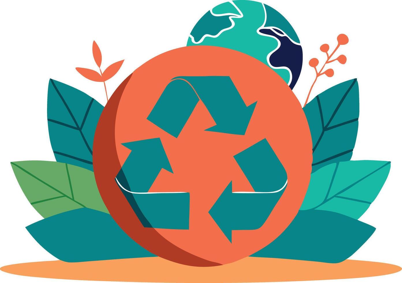 A illustration of a recycling symbol with leaves and a globe, representing sustainability, ecofriendliness, and environmental care. vector