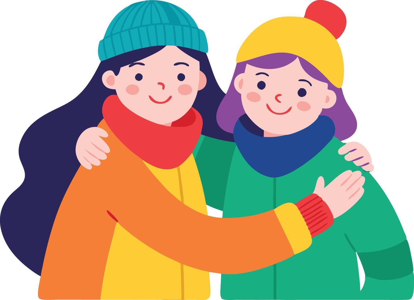 A illustration of two friends hugging in winter clothes, symbolizing friendship, warmth, and shared moments. vector