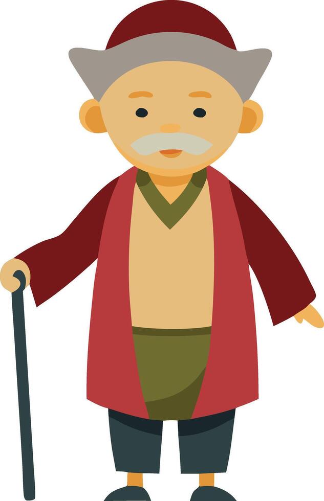 A illustration of an elderly man with a cane, symbolizing aging, wisdom, and life experience. vector