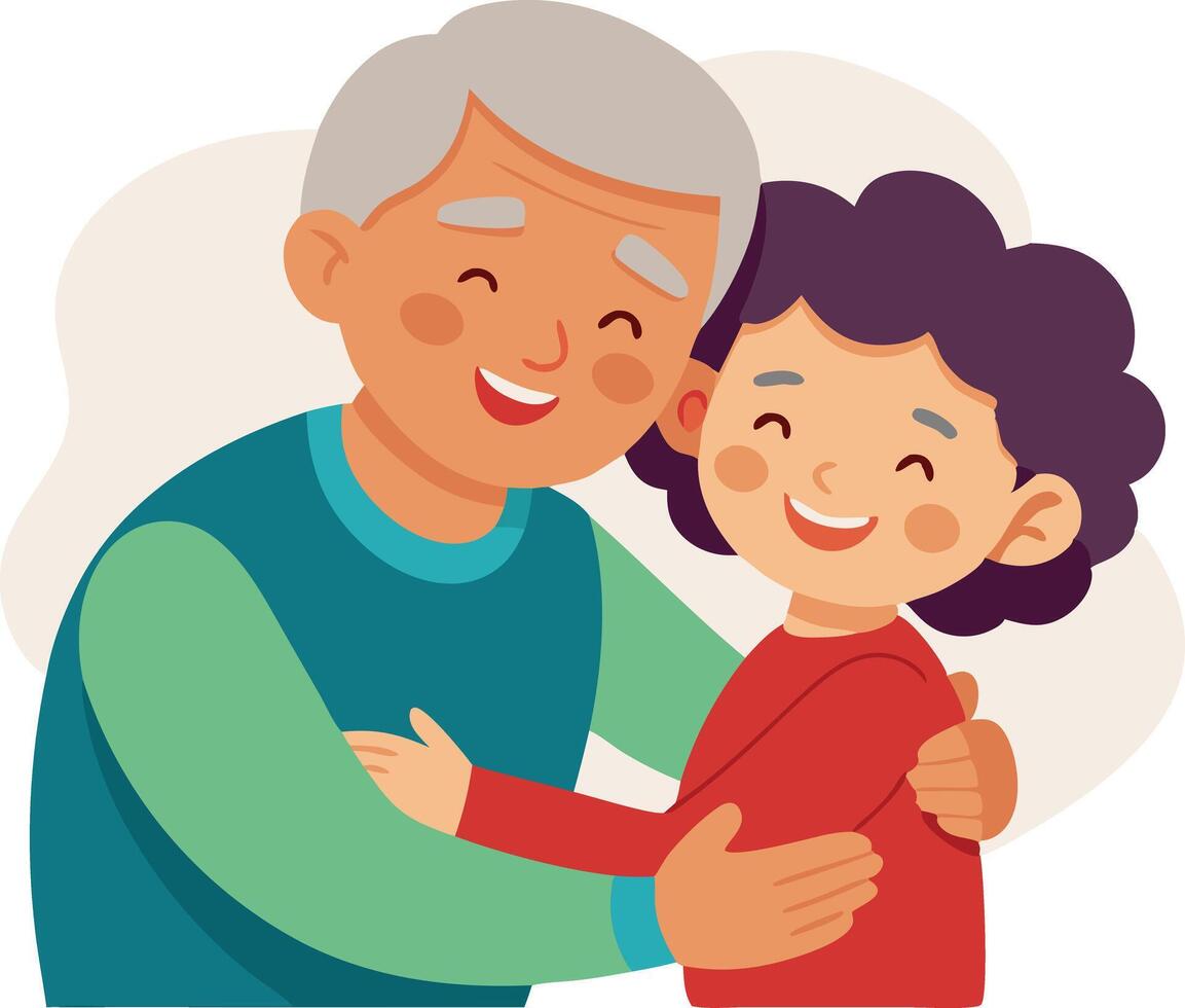 A illustration of a grandfather hugging his grandchild, symbolizing family, love, and generational bonding. vector