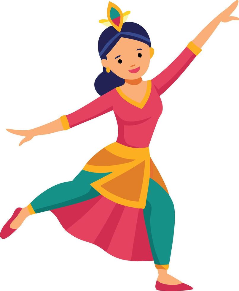 A joyful illustration of a young girl dancing in traditional attire, symbolizing culture, celebration, and happiness. vector