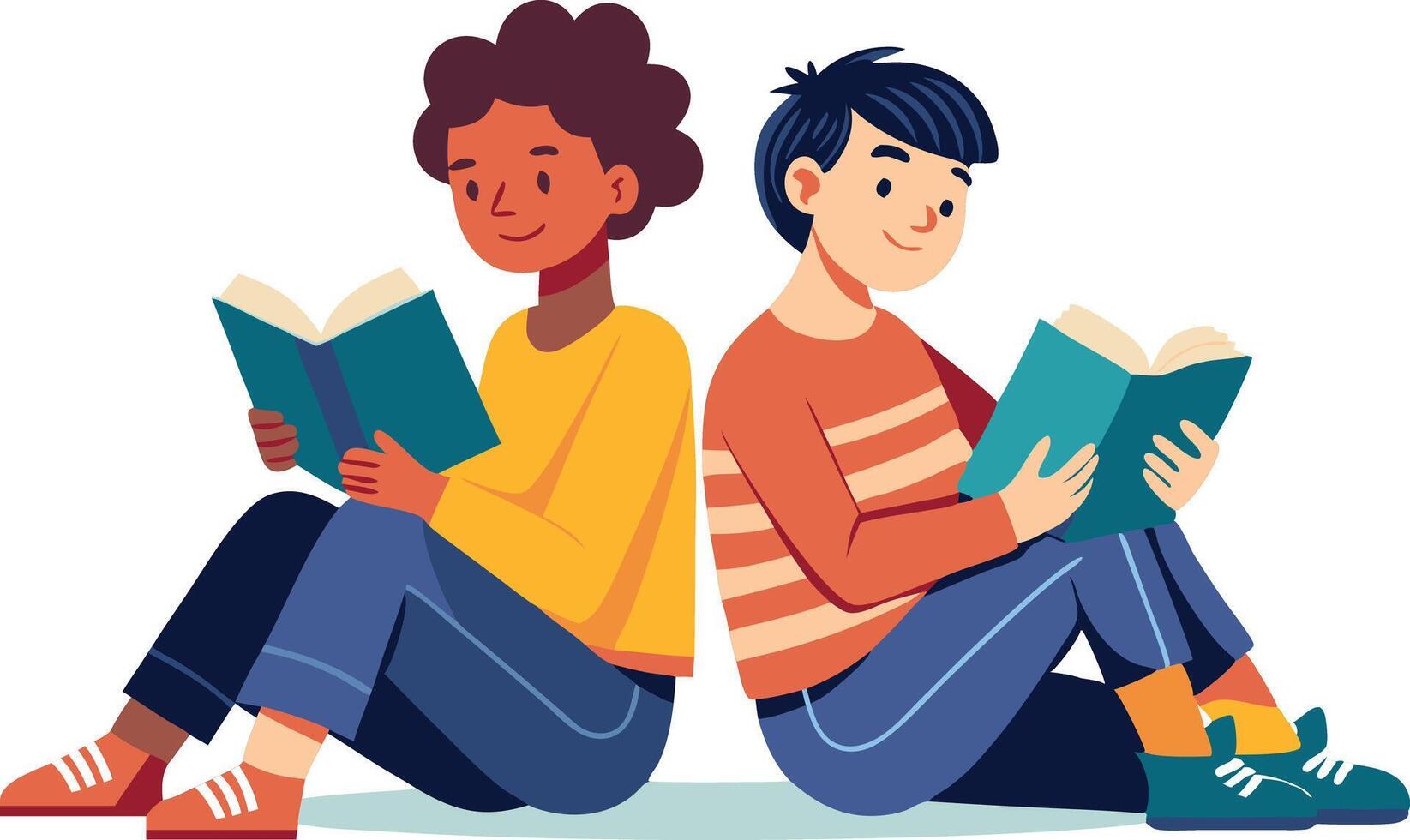 A illustration of two boys reading books, symbolizing education, learning, friendship, and shared study moments. vector